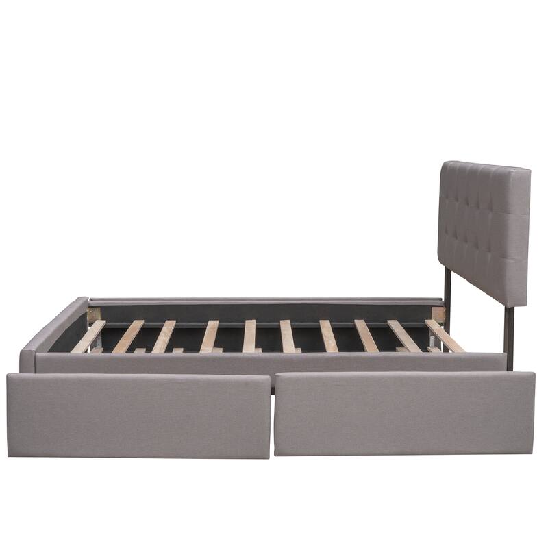 Upholstered Platform Bed with 2 Drawers and 1 Twin XL Trundle, Linen Fabric, Queen Size