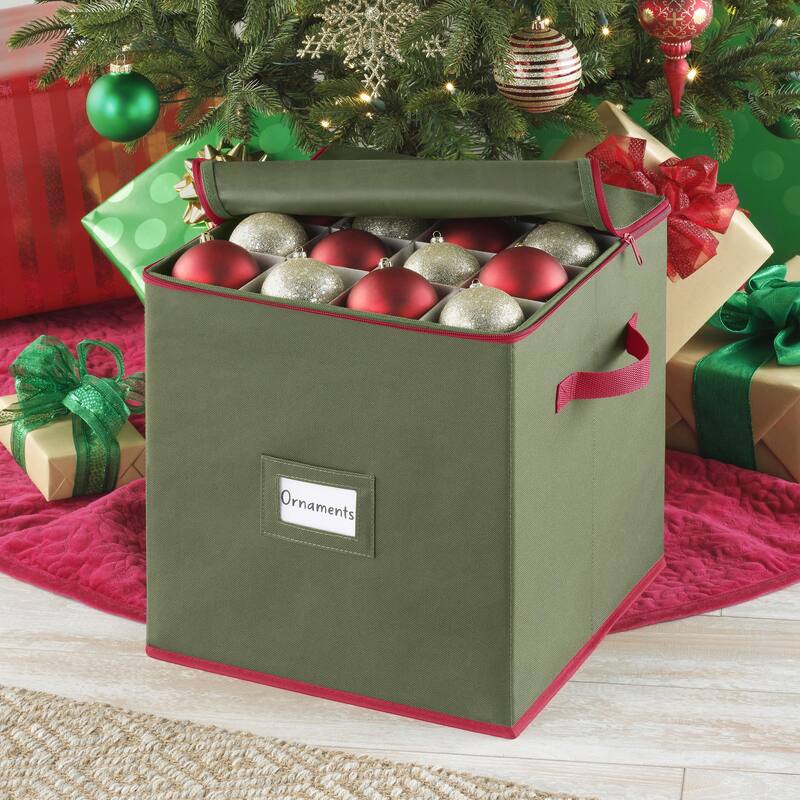 Whitmor 64 Section Christmas Ornament Box with Identification Label, Green with Red Trim
