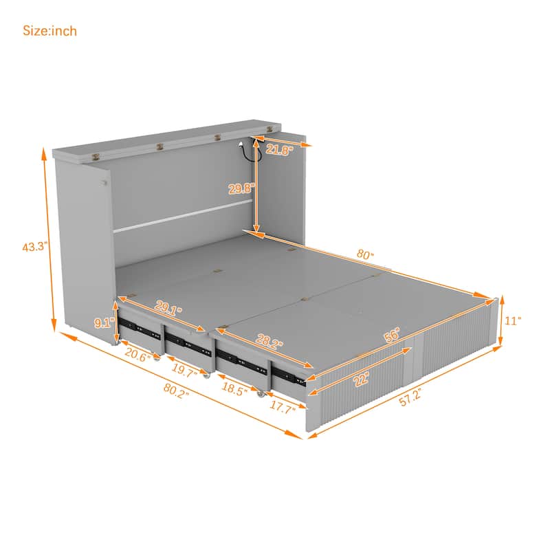 Space-Saving Full Size Murphy Bed with Drawers, USB Ports, and Smooth Pulley Design