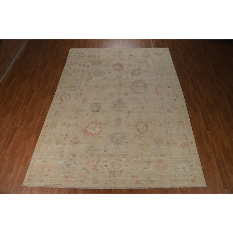 Hand Knotted Oriental 100% Wool Carpet Transitional All-Over Beige & Ivories Oushak Area Rug - 11' 10'' X 8' 11''