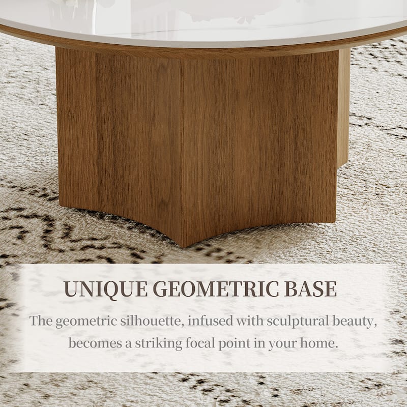 Mid-century Modern Coffee Table,35.43" With White Sintered Stone Table Top, Solid Wood Legs