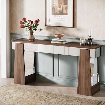 63 Inches Brown Wood Mirrored Console Table with Heavy-Duty Legs, Entryway Table for Hallway
