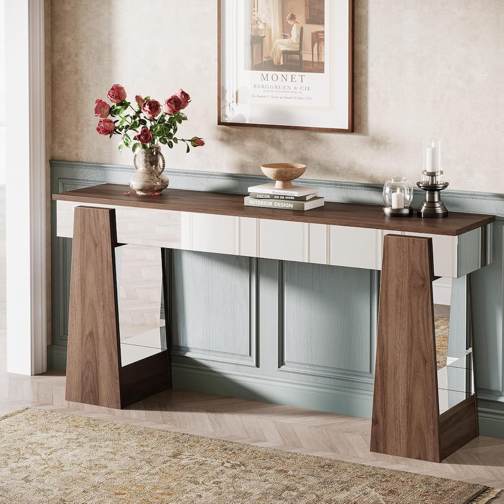 Mirrored Console Table, Farmhouse Wooden Entryway Table with Thickened Legs
