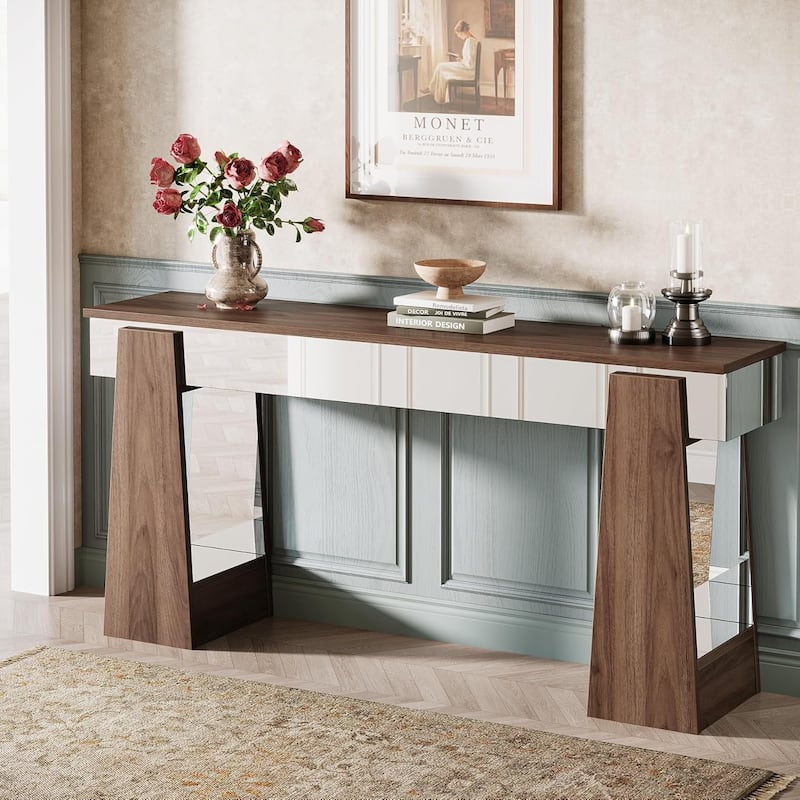 Mirrored Console Table with Thickened Legs,Long Behind Couch Sofa Table for Entrance - Brown