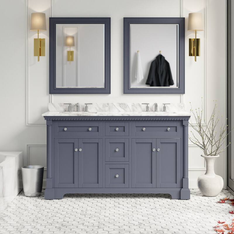 KitchenBathCollection Sydney 60" Double Bathroom Vanity with Carrara Marble Top - Marine Gray