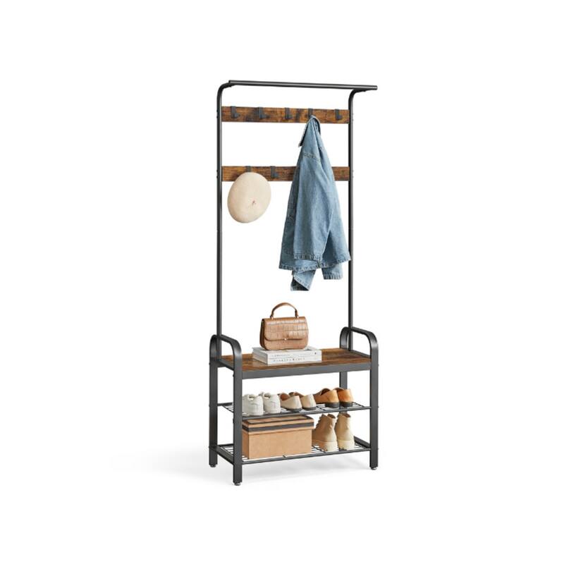 72" Tall Rustic Brown Hall Tree with Shoe Bench Coat Rack Hanging Rod and Storage Shelves - 13.3"D x 28.3"W x 72.1"H