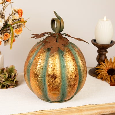 13" Autumn Harvest Pumpkin Metal Decoration - Orange and Green