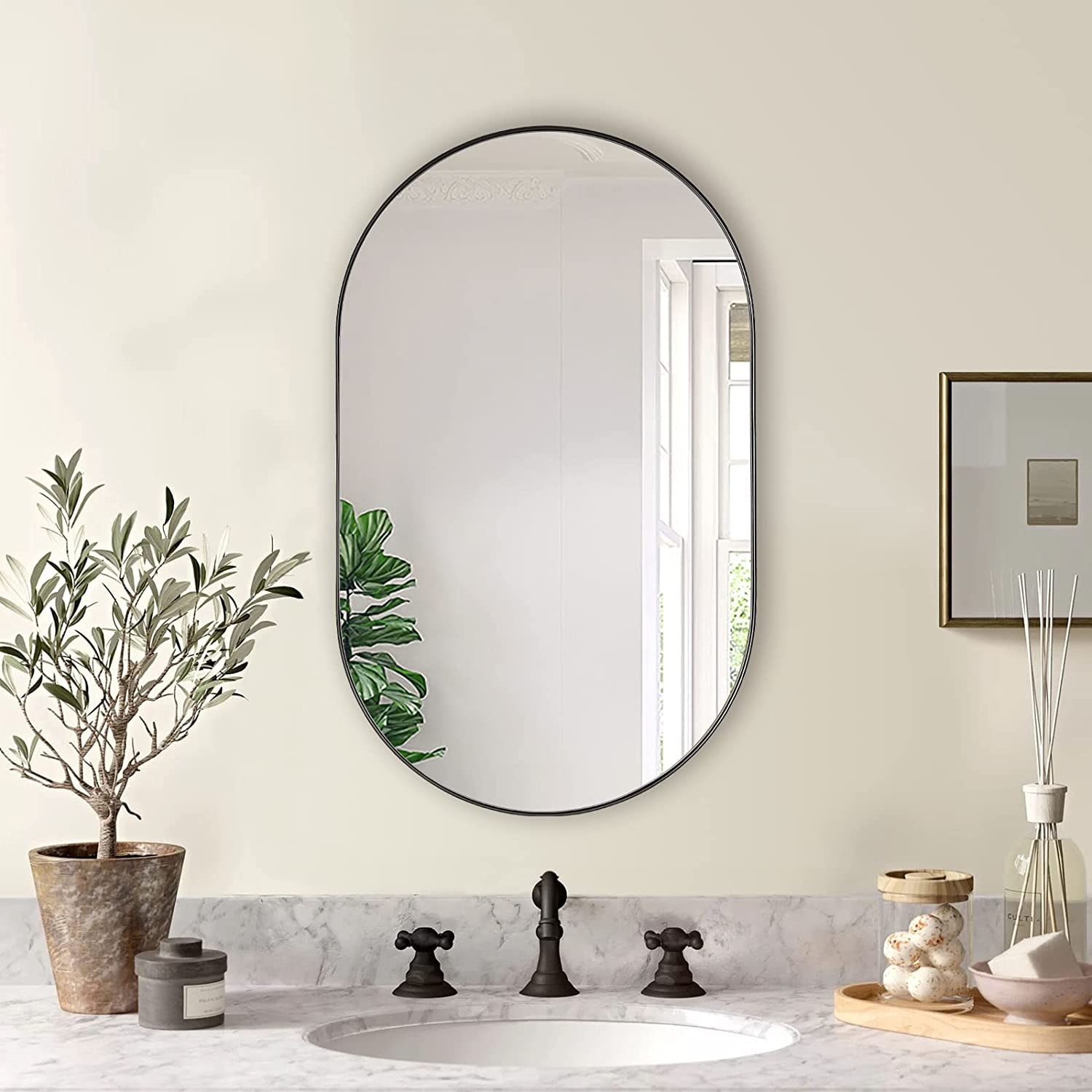 GDFStudio - Verona Modern Metal Frame Oval Bathroom Vanity Decorative Mirror with Elongated Silhouette & Easy Wall Mounting