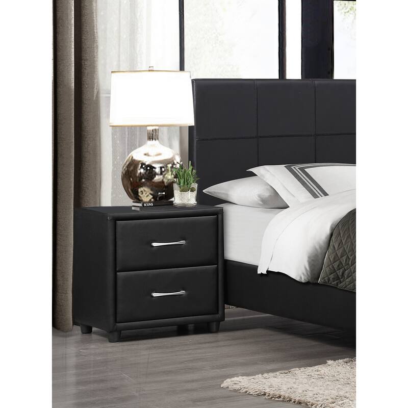Modern Black Faux Leather Nightstand with Silver Bar Pulls