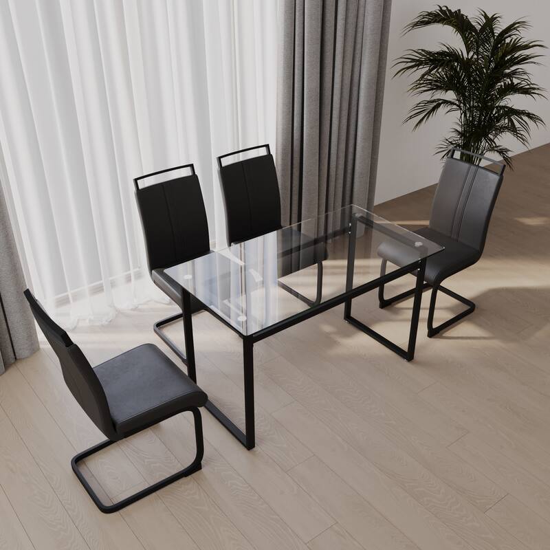 Glass 5-Piece Dining Table Set with 4 PU Upholstered Chairs