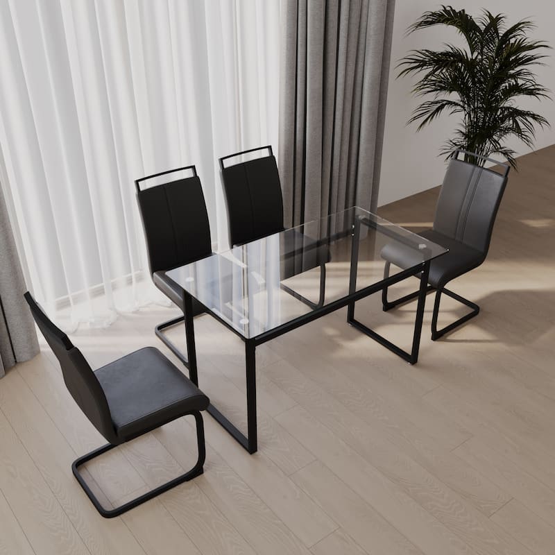 Modern 5-Piece Dining Set with Rectangular Glass Table & High Back Metal C-shaped Tube Chairs