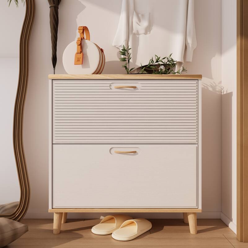 Freestanding Slim Shoe Organizer, Entryway Narrow Shoe Rack Cabinet, Shoe Cabinet with 2 Flip Drawers & Natural Wood Legs - Natural+White