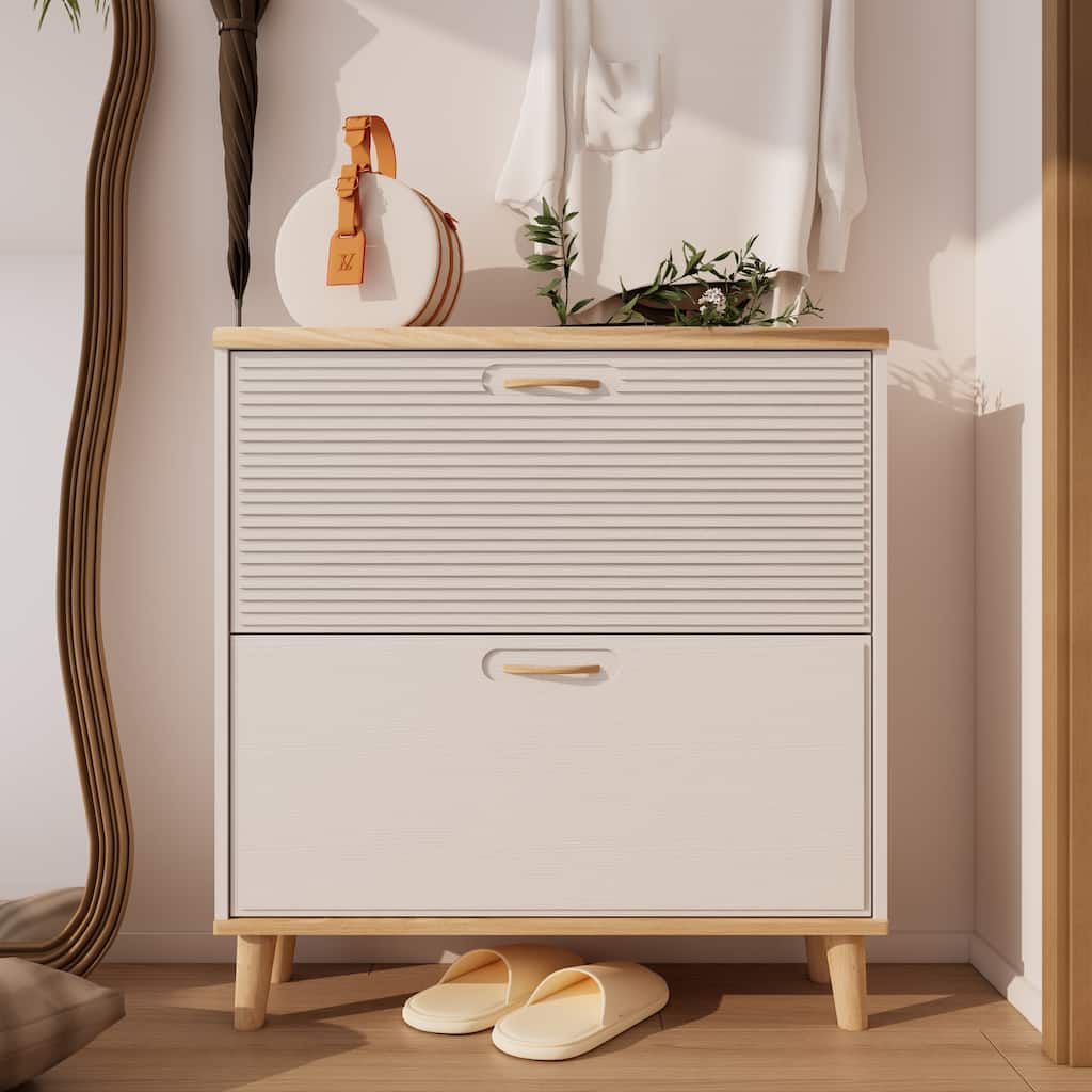 Modern White Flip Top Shoe Cabinet with Storage - 2 Tier Shoe Rack