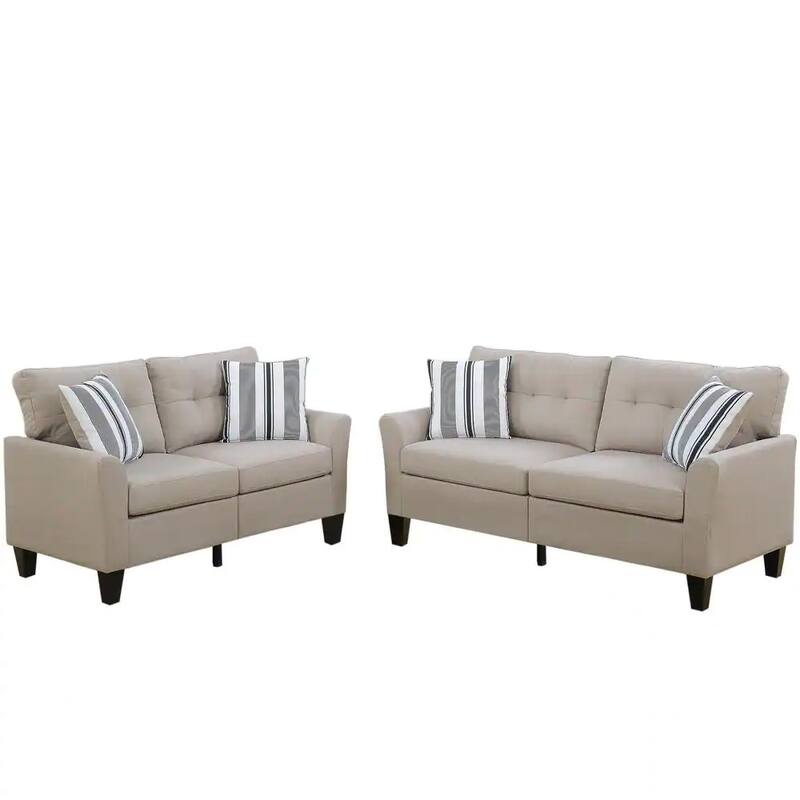 2pc Beige Sofa Set with Plywood Base and Solid Pine Frame
