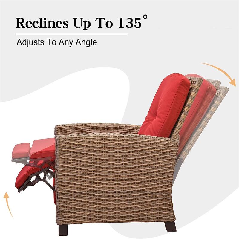 GDFStudio - Wicker Reclining Patio Chair, All-Weather Outdoor Recliner with Red Cushion for Ultimate Relaxation