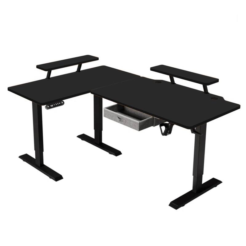 HomeRoots Adjustable Oak and Beige Wood and Metal Corner Rolling T-Shape Standing Desk