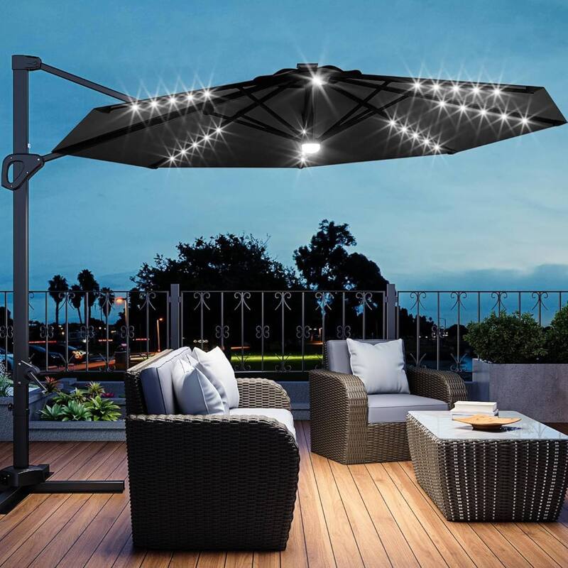 10FT Outdoor Patio Cantilever Umbrella with LED for Garden Pool Deck BackYard - Grey