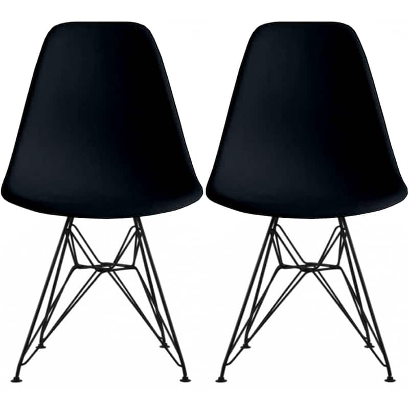 Set of 2 Mid-Century Modern Dining Side Chairs Armless Plastic Shell Seat with Black Metal Wire Eiffel Base, White