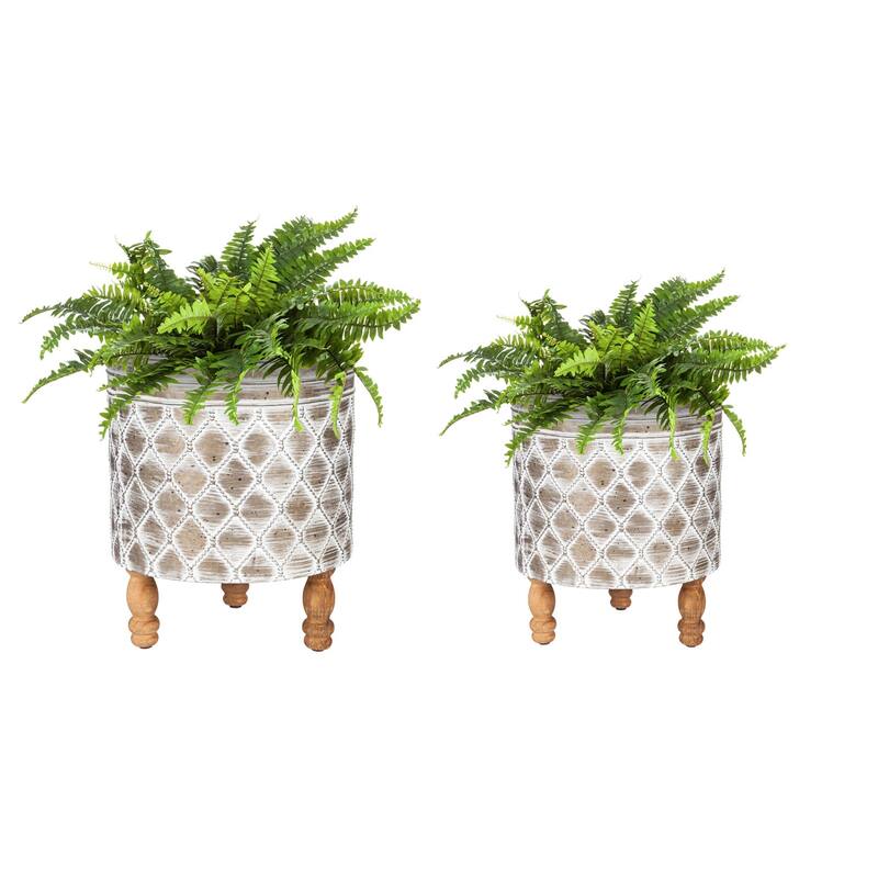 Embossed Metal Planter with Wood Legs, (Set of 2)
