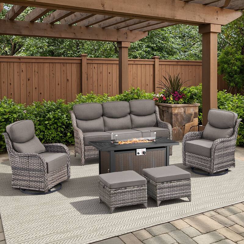Arcadia 6-Piece PE Wicker Patio Seating Set with Durable All-Iron Fire Pit and 6-Inch Cushions - Gray Cushions - Gray Wicker