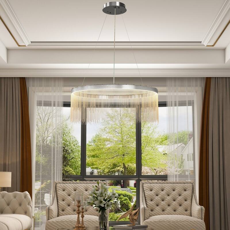 Aluminum Tassel Linear Chandelier Round Ceiling Pendant Lighting Fixture Over Dining Table, Kitchen Islands, Entryways