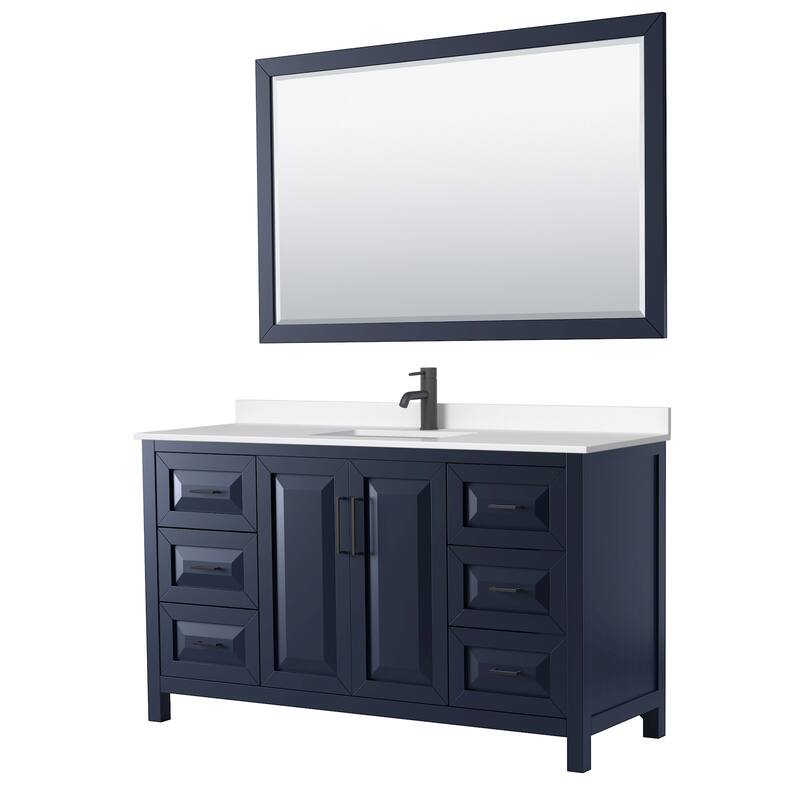 Daria 60-inch Single Vanity, Single Hole Quartz Top, 58-inch Mirror - Dark Blue, Black Trim, White Quartz Top