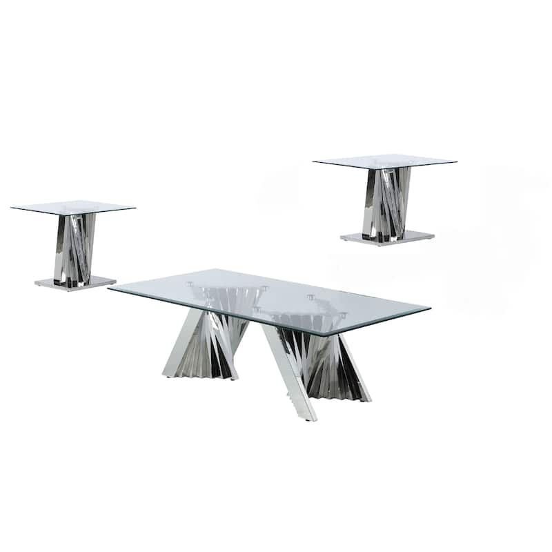 Best Quality Furniture Modern Glass Coffee Table Sets w/ Spiral Base - 1 Coffee Table + 2 End Tables - Silver - Glass