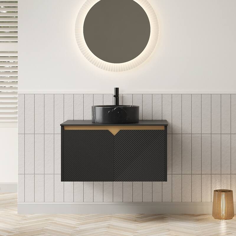 30"/36"/48" Floating Bathroom Vanity with Vessel Sink, Wall Mounted Sintered Stone Countertop Bathroom Storage Cabinet - Black - Round Ceramic Basin - 30 Inch