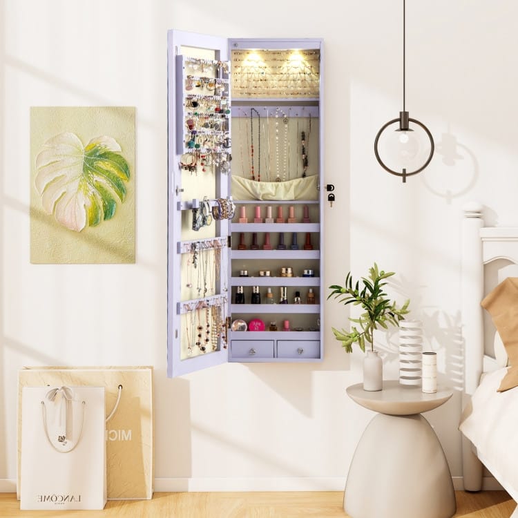 LED Lights Wall and Door Mounted Jewelry Storage Lockable Cabinet with Full Length Mirror - 14" x 4" x 54.5" (L x W x H)