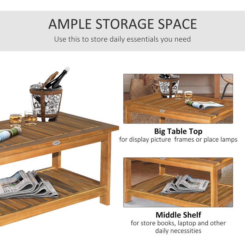 Outdoor Coffee Table 2-Shelf Acacia Wood Rectangular Buffet Storage Organizer Natural Finish Patio, Deck, Lawn, Garden