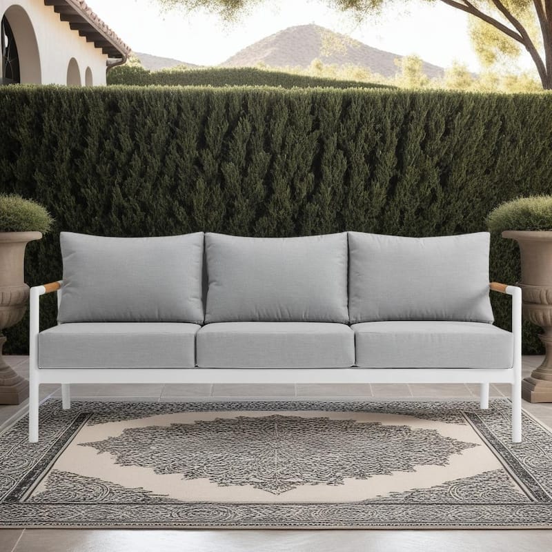 Crown White Aluminum and Teak Wood Outdoor Sofa with Gray Cushions - Light Gray