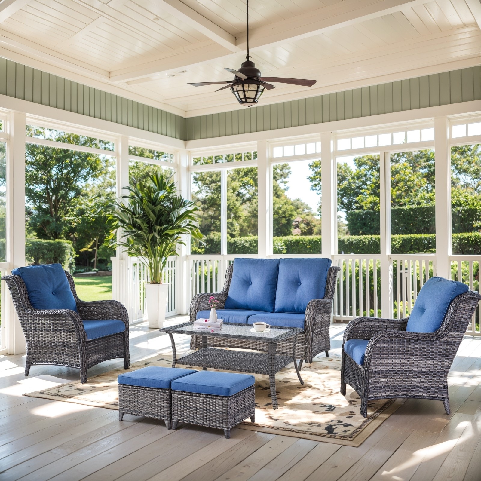 Outdoor Glider Sofa with Garden Chair and Ottoman - Blue cushion - Grey
