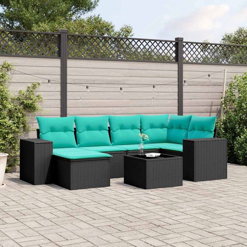 vidaXL 6/7 Piece Patio Sofa Set with Cushions Black/Brown/Gray Poly Rattan - 24.4 x 24.4 x 27.2 - Black and blue With table