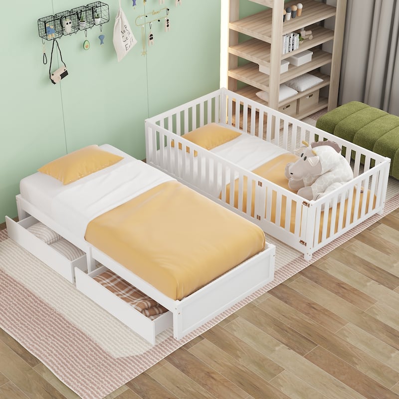 Twin Size Wood Daybed with Fence Guardrails and 2 Drawers, Split into Independent Floor Bed & Daybed, White