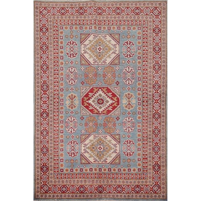 Light Blue Geometric Kazak Oriental Rug Bedroom Handmade Wool Carpet - 3'11" x 5'10"