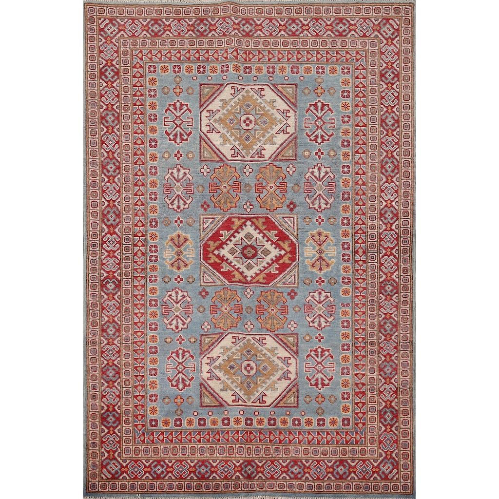 Light Blue Geometric Kazak Oriental Rug Bedroom Handmade Wool Carpet - 3'11" x 5'10"