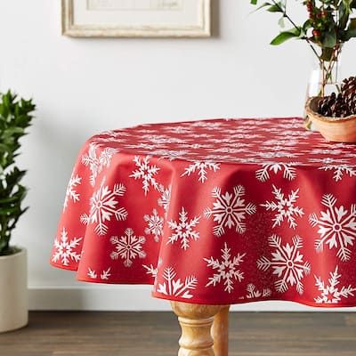 Violet Linen European Seasonal Christmas Holiday Snowflakes Pattern Red Tablecloth