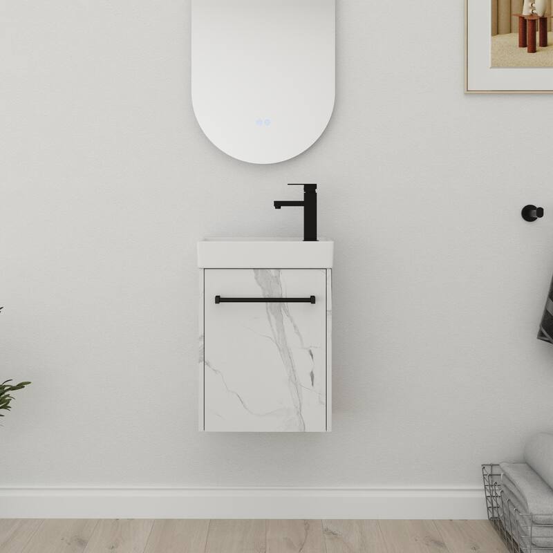 Bathroom Vanity With Sink In 16/18 Inch, Floating Bathroom Vanity With Soft Close Door - 15.9''W×8.8''D×22.1''H - Carrara White