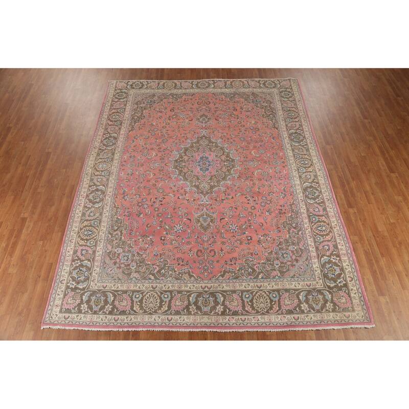Traditional Pink Mashad Persian Vintage Rug Handmade Wool Carpet - 9'8"x 12'3"