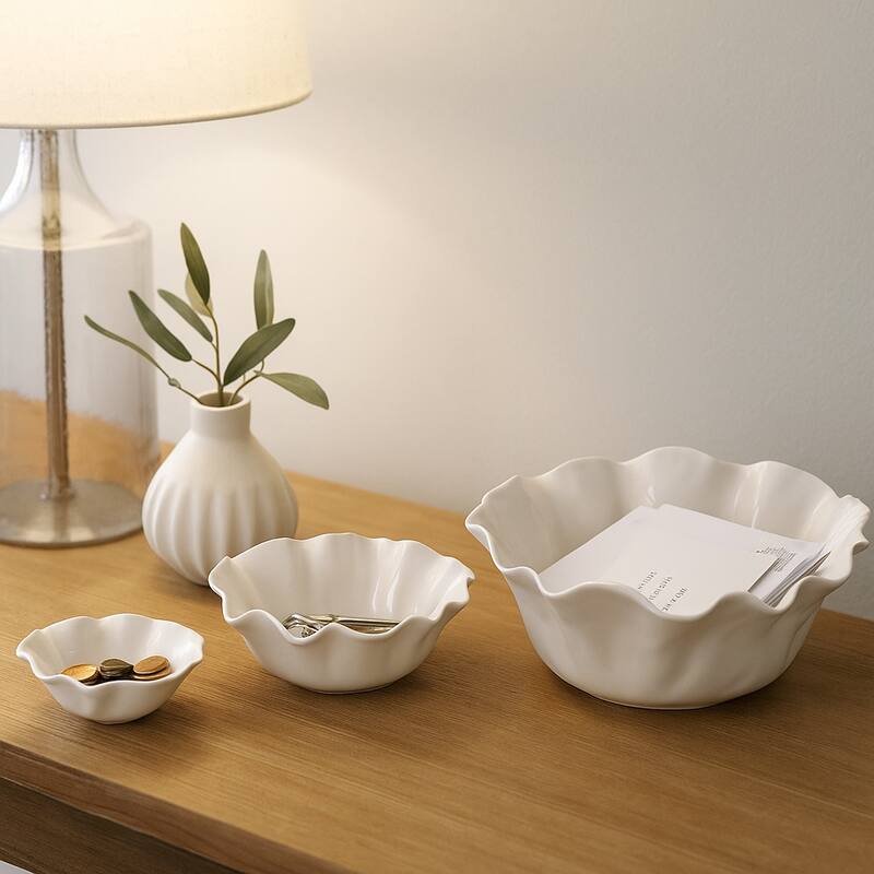 Ceramic Accent Bowl, Scalloped Edge-Set of 3-13", 11", 8", Ivory & Tan - 13.0" - Ivory/ Tan - 13.0"