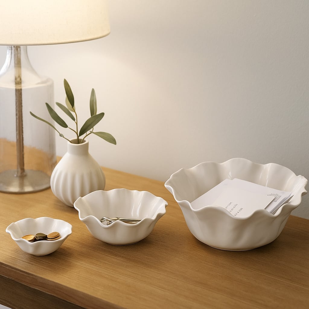 Ceramic Accent Bowl, Scalloped Edge-Set of 3-13", 11", 8", Ivory & Tan - 13.0"