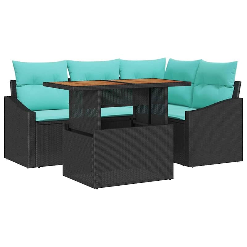 vidaXL 5 Garden Sofa Set with Cushions Black/Grey Poly Rattan - 70.3 x 48.6 x 27.2
