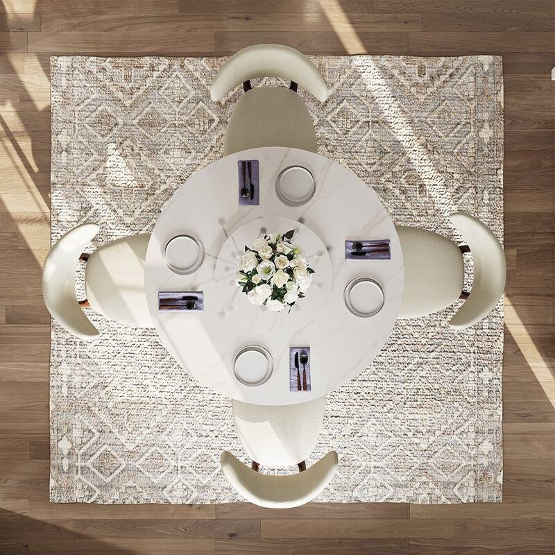 Modern Round White Dining Table，Sintered Stone Tabletop, Solid Black Carbon Steel Base