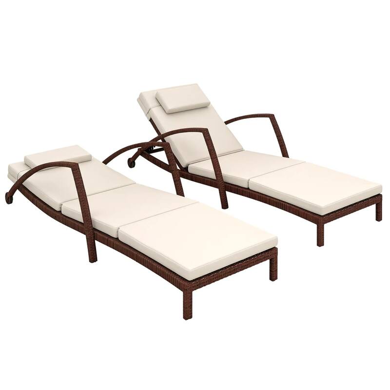 Wicker Chaise Lounge Set, Outdoor Recliners, Adjustable Back, Cushion