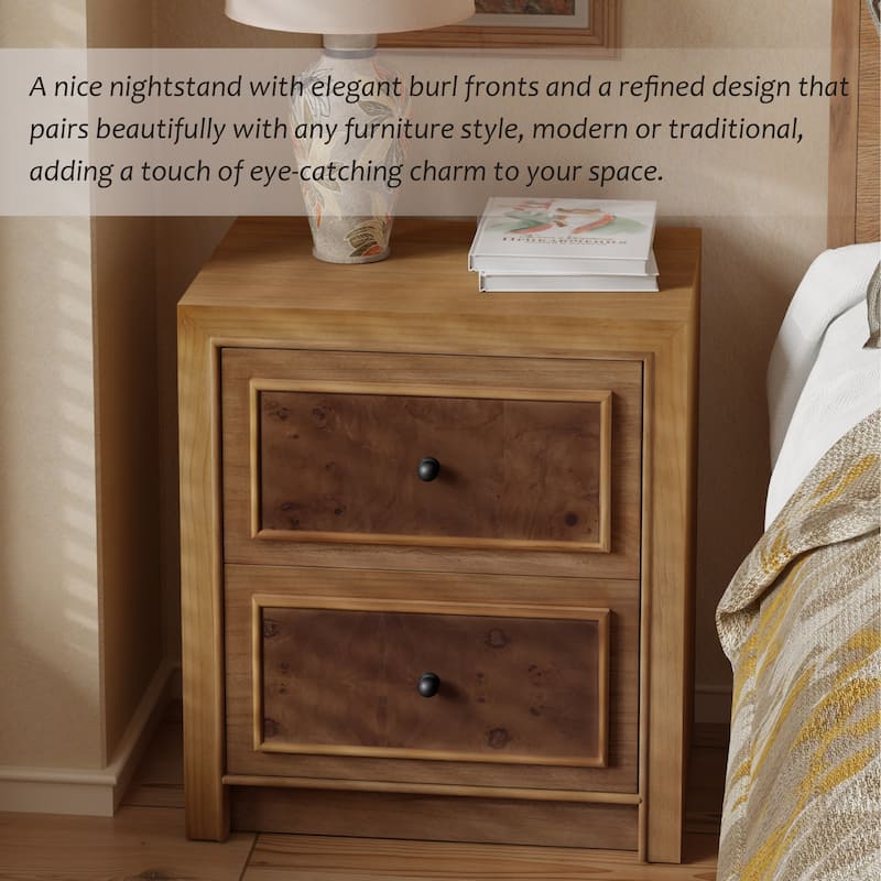 COZAYH Fully Assembled Wooden Nightstand, Burl Front Dresser in Farmhouse Style, Natural Finish Bedside Table with Ample Storage
