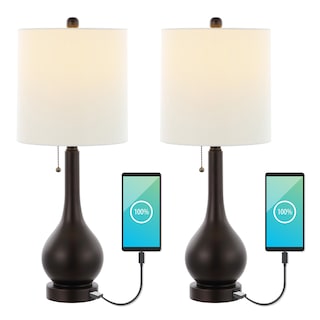 Grant 24" Modern Classic Gourd Iron LED Table Lamp with Pull-Chain with Dual USB Charging Port, by JONATHAN Y (Set of 2)