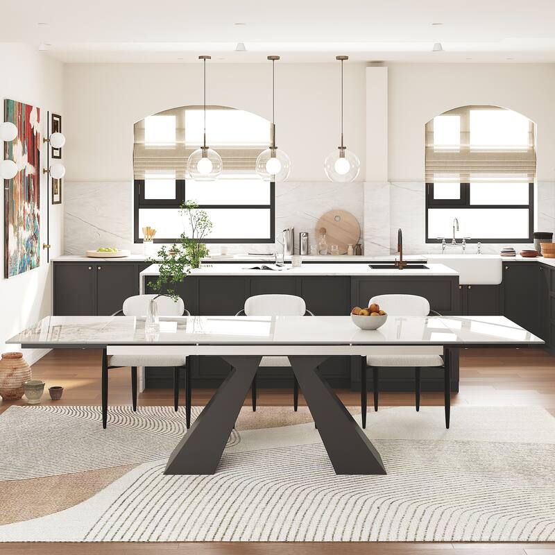 110.24 Inch Modern Minimalist 9 - Piece Extendable Sintered Stone Top Double Pedestal Dining Set