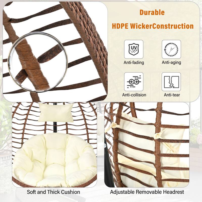 Foldable Rattan Hanging Hammock Chair with Stand and Plush Cushion for Indoor and Outdoor