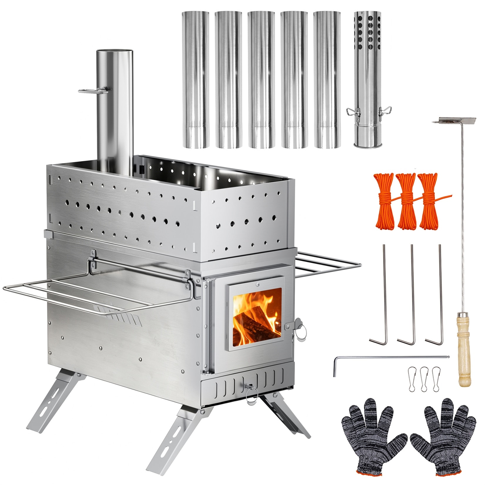 Portable Camping Wood Stove Outdoor Burning Sauna Hot Tent Stove Kit with Chimney Pipes Backyard Stainless Steel Tent Stove
