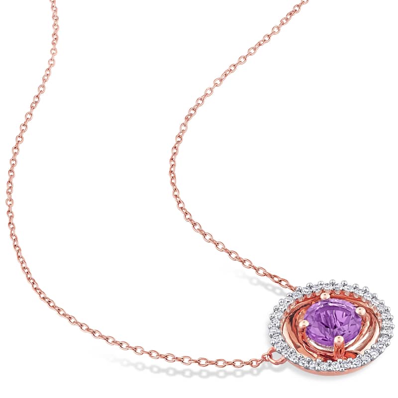 Miadora Amethyst and 1/6ct TDW Diamond Halo Station Necklace in 10k Rose Gold